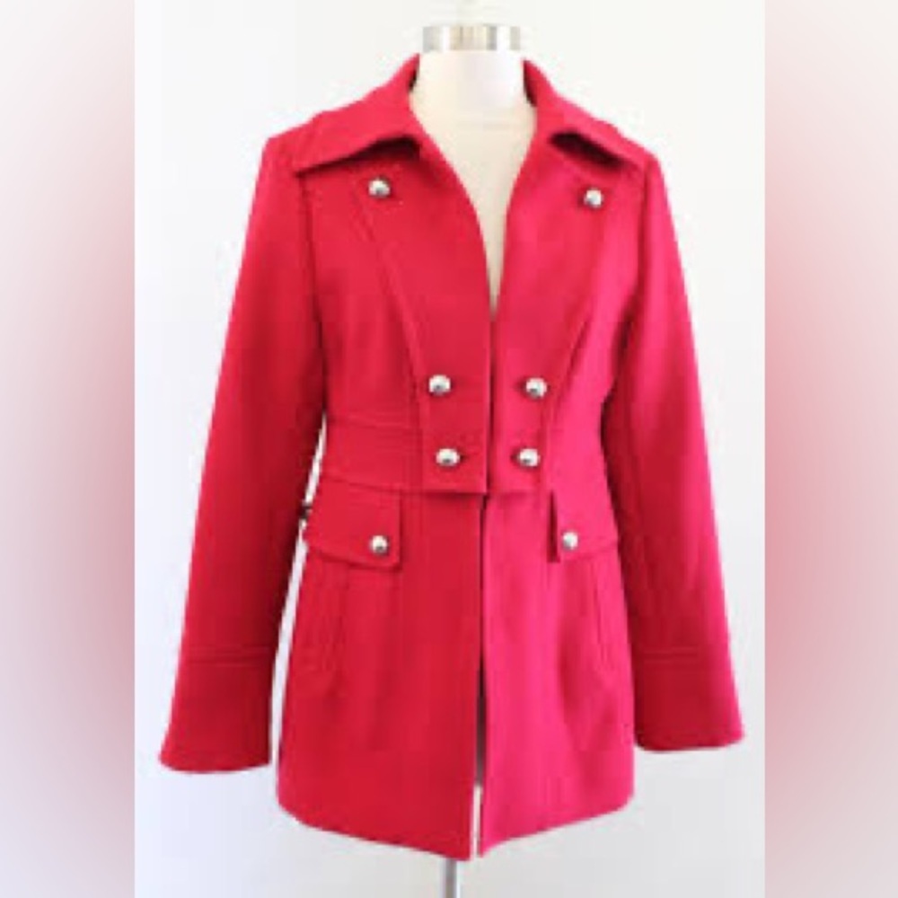 White House Black Market Button Front Military Peacoat in Cherry Red Size Small